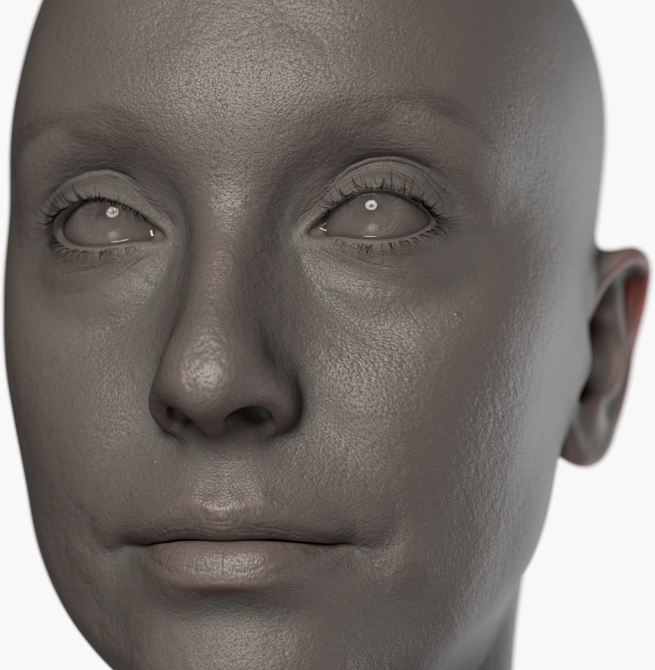 Clay render of a female 3D head scan showing skin pore detail and surface topology captured via photogrammetry